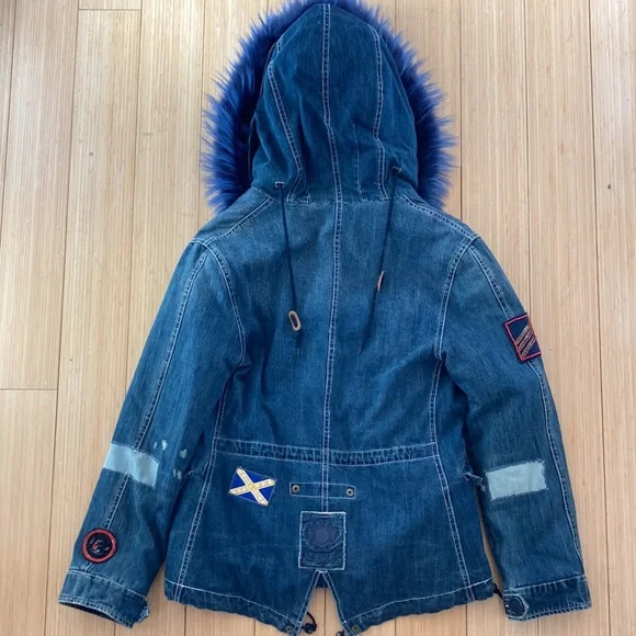 Blue fox fur hooded denim coat
